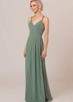 Double Straps Green Chiffon Diamond-shaped Back Bridesmaid Dress